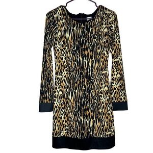 Cache Leopard Print‎ Long Sleeve Mini Dress Black Trim Sequin Silk blend Size S